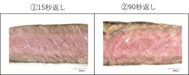 15秒返し、90秒返しのステーキ肉の切り口の断面の画像