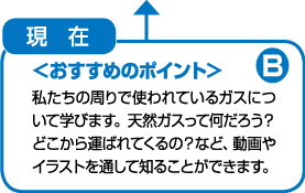 現在　私たちの周りで使われているガスについて学びます。天然ガスって何だろう？どこから運ばれてくるの？など、動画やイラストを通して知ることができます。