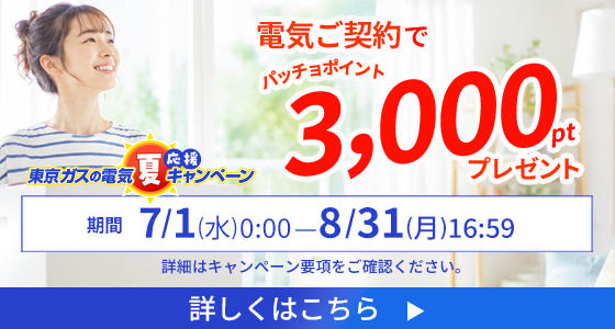 東京ガスの電気ご契約でパッチョポイントが3,000ポイントもらえるキャンペーンを実施中