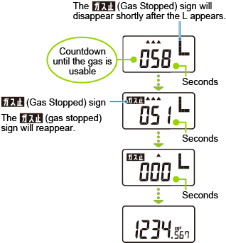 The 'Gas Dome' (Gas Stopped) sign will disappear shortly after the L appears. The 'Gas Dome' (gas stopped) sign will reappear.