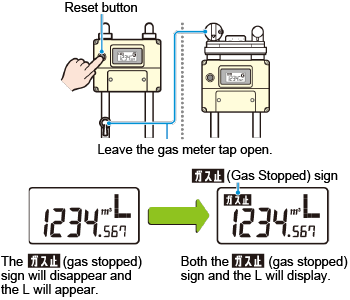 Leave the gas meter tap open. The 'Gas Dome' (gas stopped) sign will disappear and the L will appear. Both the 'Gas Dome' (gas stopped) sign and the L will display.