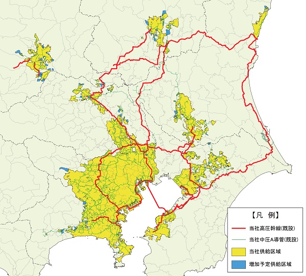 高圧幹線、中圧A導管と供給区域、増加予定区域