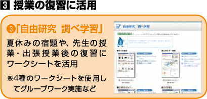 授業の復習に活用　3「自由研究 調べ学習」　夏休みの宿題や、先生の授業・出張授業後の復習にワークシートを活用　※4種のワークシートを使用してグループワーク実施など