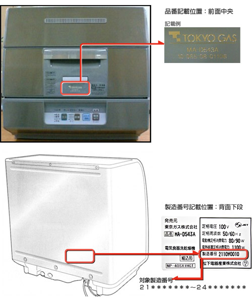 対象機種 MA-D543A 品番記載位置：前面、背面の見分け方	