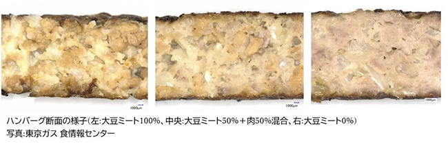 ハンバーグ断面の様子（左：大豆ミート100％、中央:大豆ミート50％＋肉50％混合、右：大豆ミート0％）写真：東京ガス 食情報センター