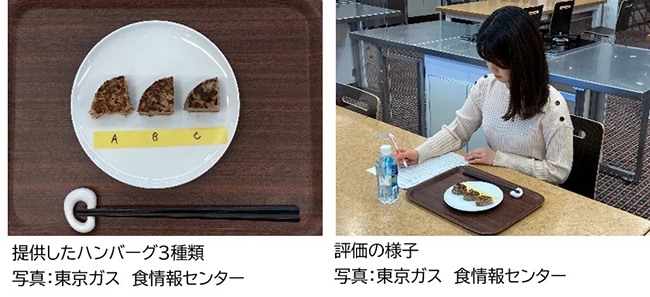 提供したハンバーグ3種類　評価の様子 写真：東京ガス 食情報センター