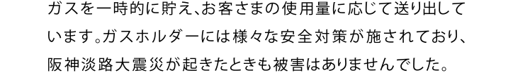 ガスを一時的に貯え、お客さまの使用量に応じて送り出しています。ガスホルダーには様々な安全対策が施されており、阪神淡路大震災が起きたときも被害はありませんでした。