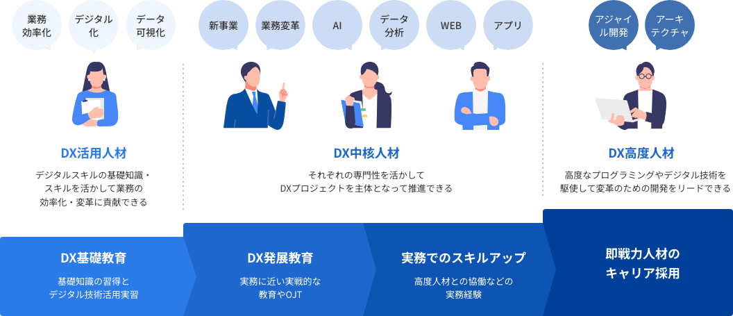 DX活用人材：デジタルスキルの基礎知識・スキルを活かして業務の効率化・変革に貢献できる。業務効率化、デジタル化、データ可視化。DX基礎教育：基礎知識の習得とデジタル技術活用実習。DX中核人材：それぞれの専門性を活かしてDXプロジェクトを主体となって推進できる。新事業、業務変革、AI、データ分析、WEB、アプリ。DX発展教育：実務に近い実戦的な教育やOJT。実務でのスキルアップ：高度人材との協働などの実務経験。DX高度人材：高度なプログラミングやデジタル技術を駆使して変革のための開発をリードできる。アジャイル開発、アーキテクチャ。即戦力人材のキャリア採用。